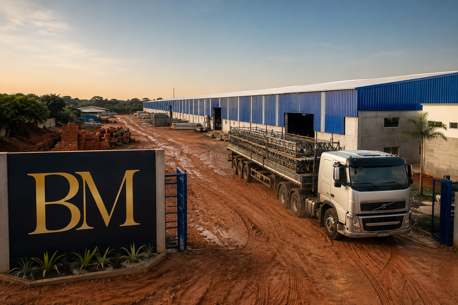 Entrada da BM Estrutural com caminhão carregado de lajes treliçadas para entrega